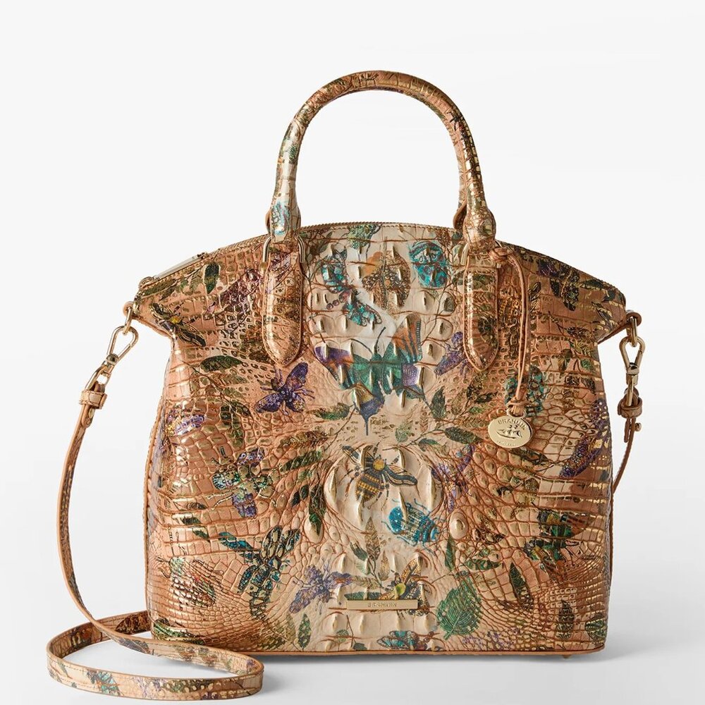 Floral Embossed Metallic Croc-Effect Leather Satchel - Gold